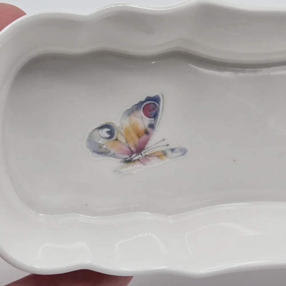 Vintage Hammersley England Fine Bone China Floral Butterfly Olive Mint Dish Tray